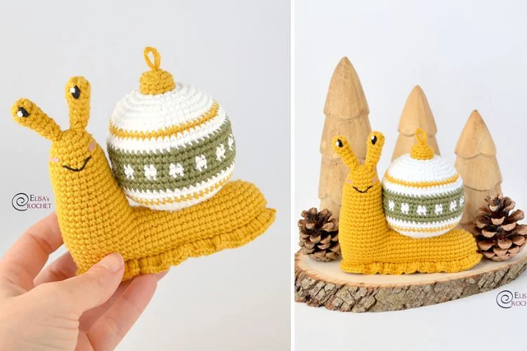 A crocheted snail ornament with pine cones and pine cones.