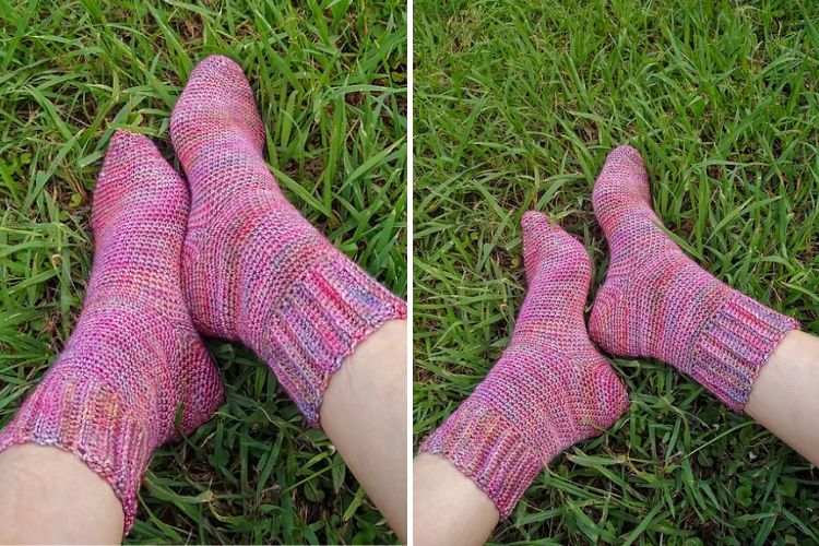 Two pictures of a person wearing pink socks in the grass.