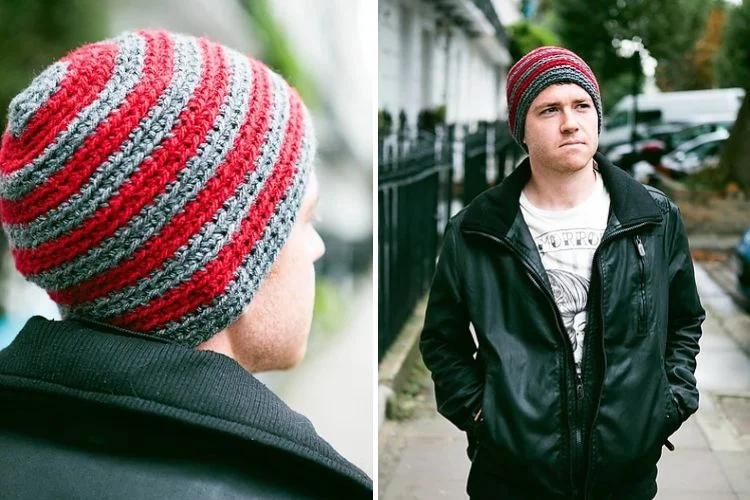 Two pictures of a man wearing a red and grey striped beanie.