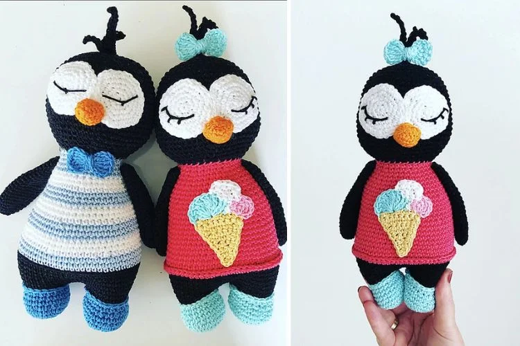 Two crocheted penguins holding ice cream cones.