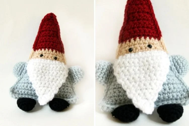 A crocheted gnome with a red beard.