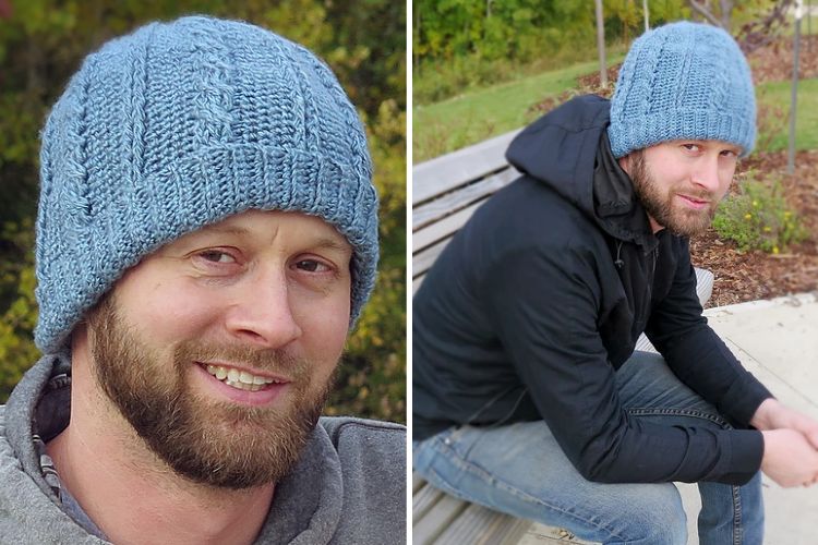 Two pictures of a man wearing a blue knitted hat.