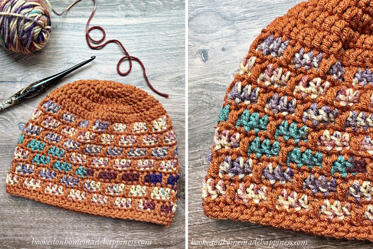 Two pictures of a crocheted hat with yarn and knitting needles.