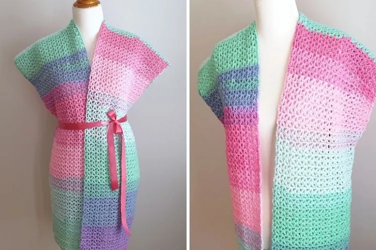 Two pictures of a crocheted shawl with a belt.