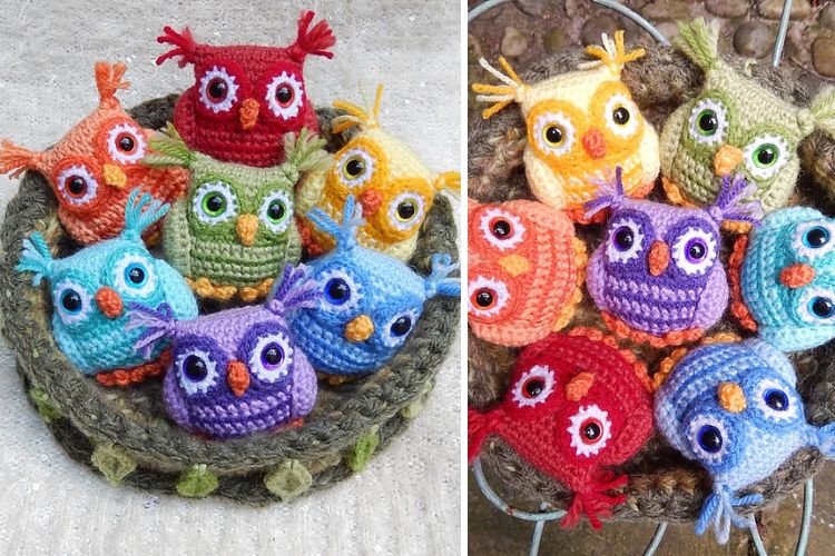 Crocheted owls in a basket.