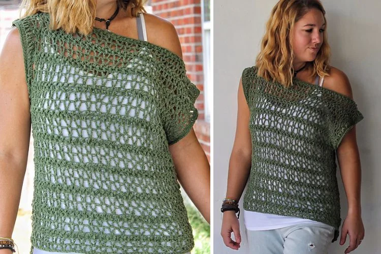 Two pictures of a woman wearing a green crocheted top.