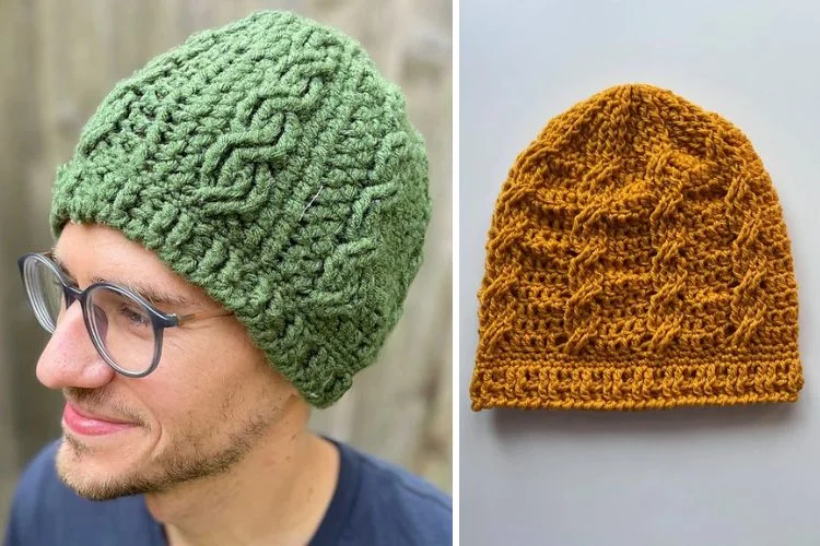 Two pictures of a man wearing a knitted beanie.