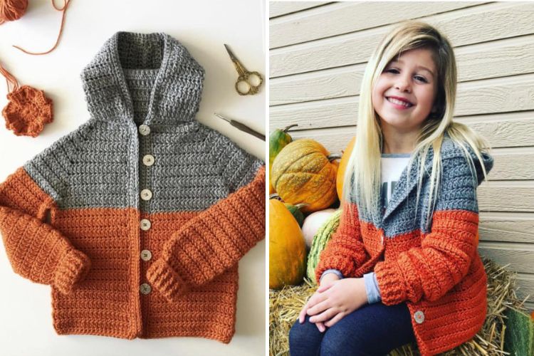 Two pictures of a little girl wearing a crocheted cardigan.