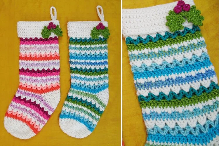 Two pictures of crocheted christmas stockings.