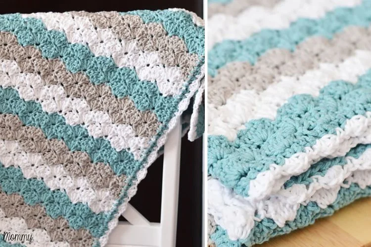 Two pictures of a crocheted afghan on a chair.