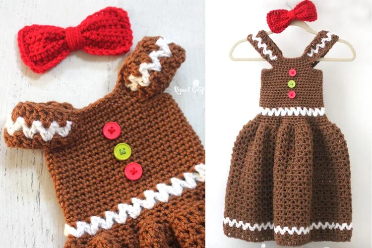 A crocheted gingerbread dress and bow.