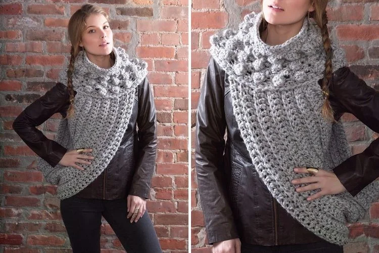 Two pictures of a woman wearing a grey crocheted scarf.