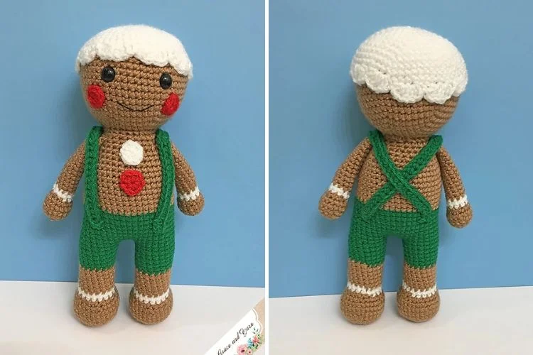 Two pictures of a crocheted gingerbread man.