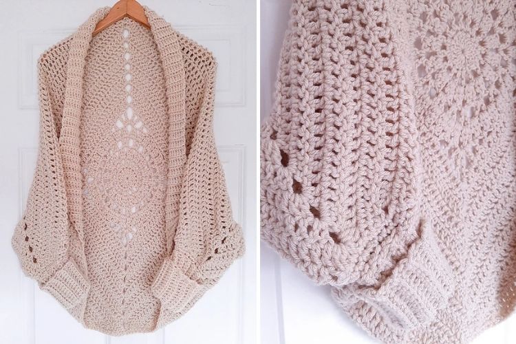 Two pictures of a crocheted cardigan hanging on a hanger.