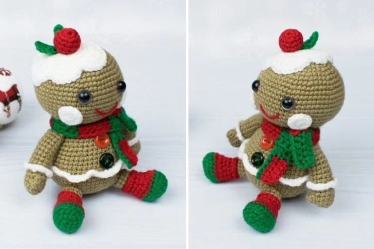 Two pictures of a crocheted gingerbread man.