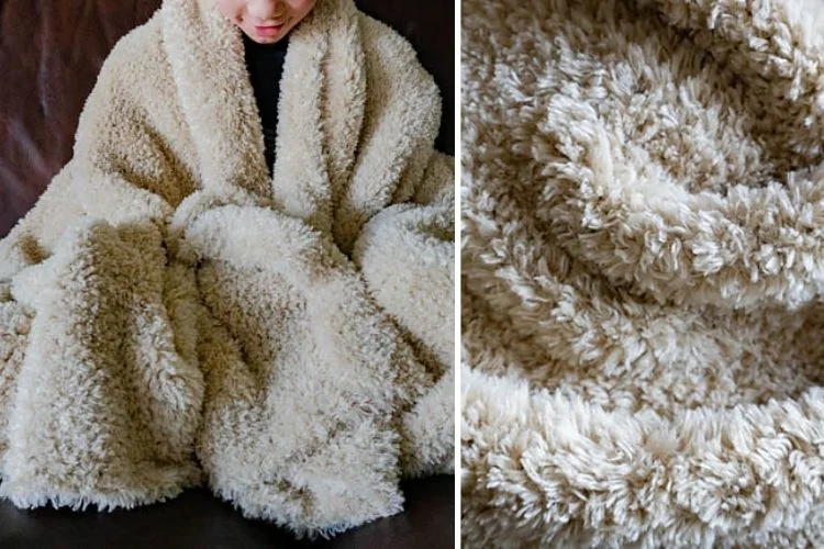 Two pictures of a woman wrapped up in a fluffy blanket.