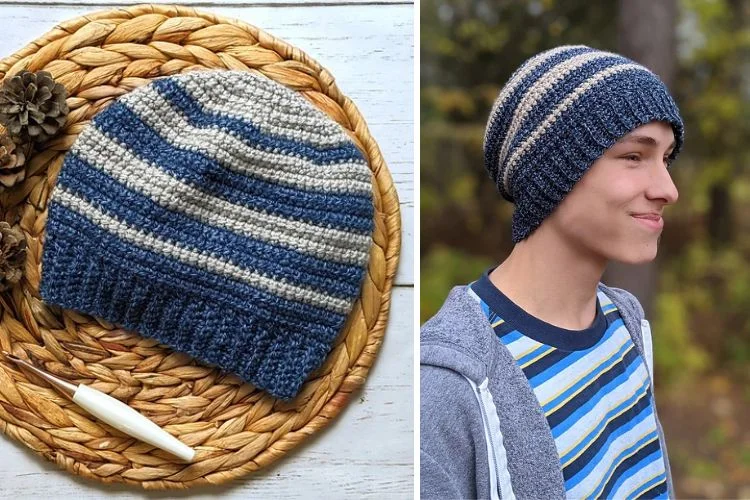 Two pictures of a boy wearing a striped beanie.