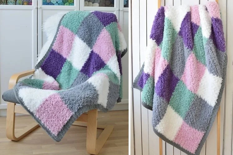 Two pictures of a blanket on a chair.