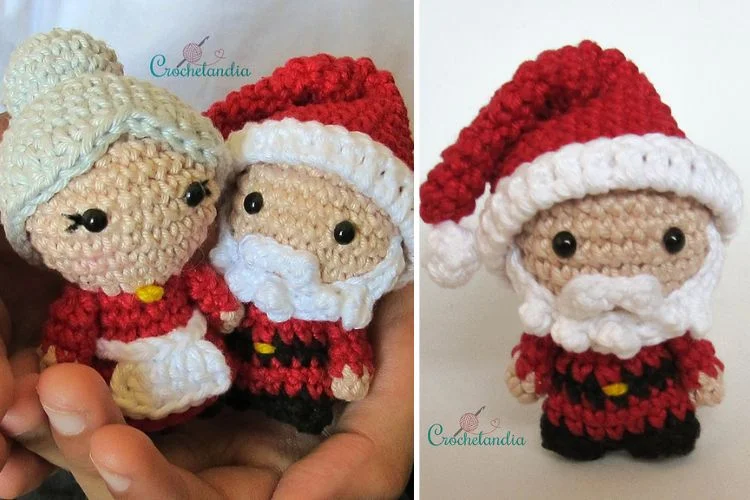 Two pictures of crocheted santa and santa claus.