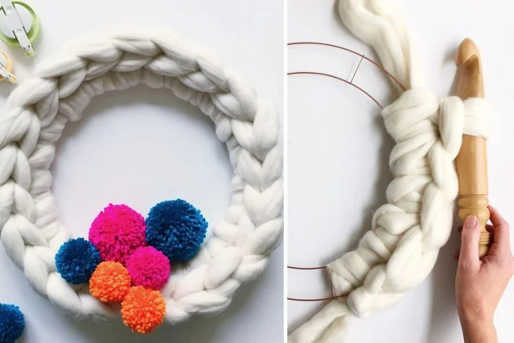 How to make a yarn wreath with pom poms.