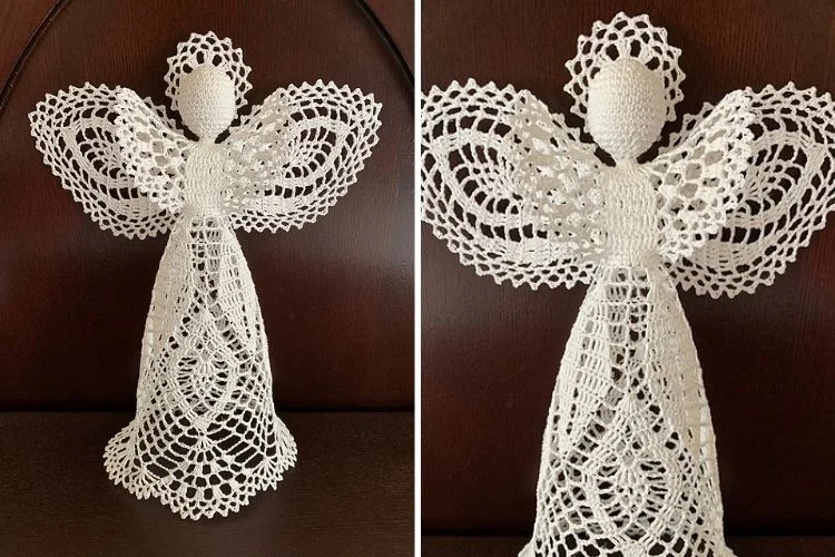 Two pictures of a white crocheted angel.