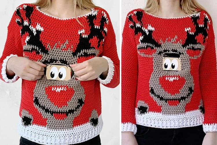 A woman wearing a sweater with a reindeer on it.