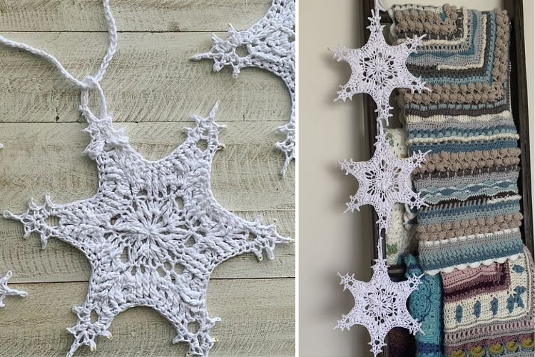 Two pictures of a snowflake hanging on a ladder.