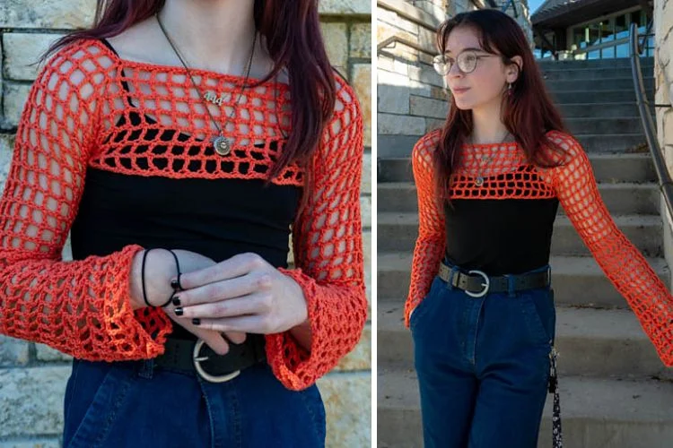 a girl wearing a red mesh sleeves top