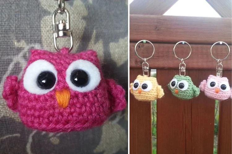 Crocheted owl keychains.