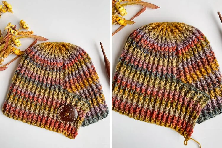 Two pictures of a knitted hat with yarn and a crochet hook.