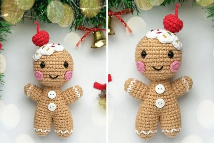 Two pictures of a crocheted gingerbread man.