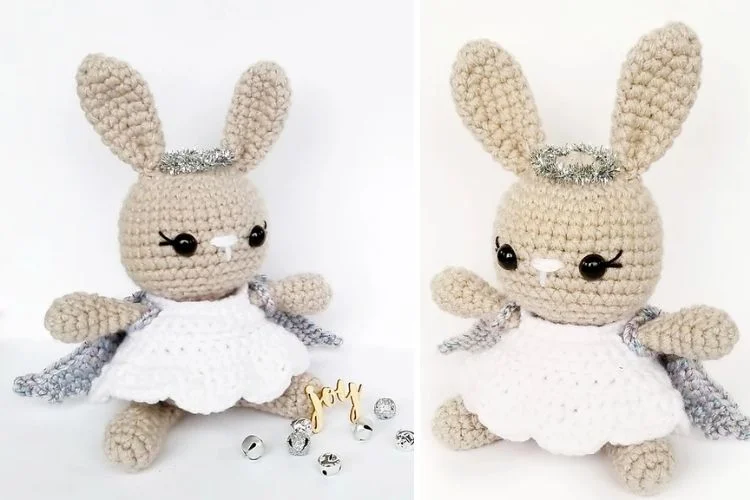 Two pictures of a crocheted bunny in a white dress.