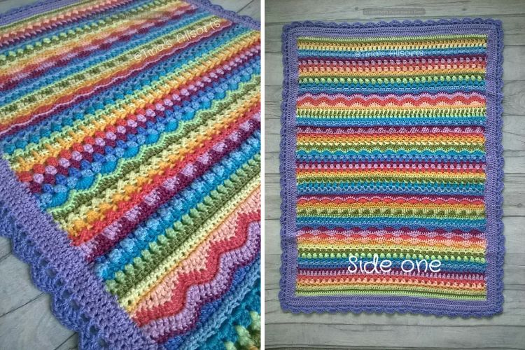 Two pictures of a crocheted afghan with colorful stripes.