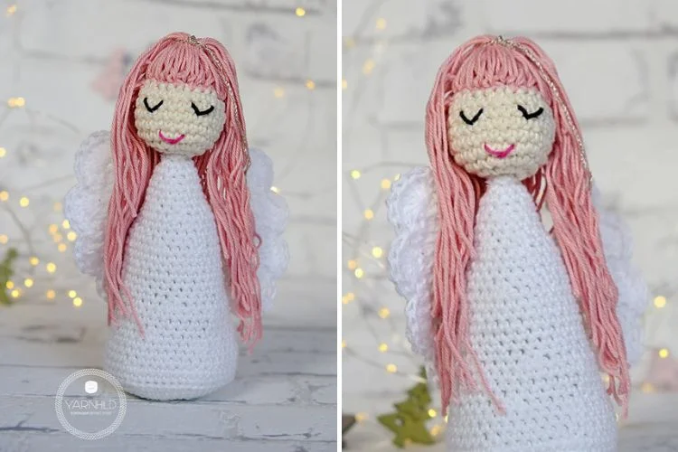 Two pictures of crocheted angels with pink hair.