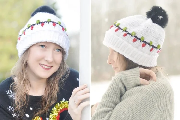 Two pictures of a woman wearing a christmas hat.