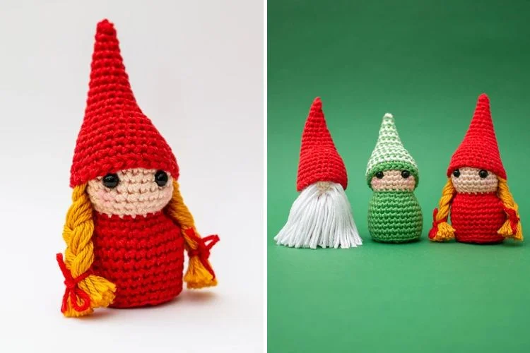 Three crocheted gnomes in different colors.