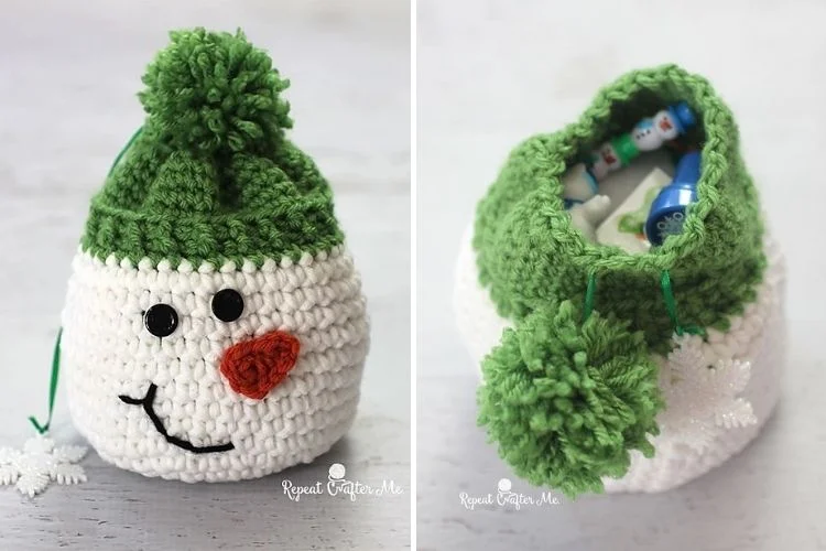 Two pictures of a crocheted snowman bag.