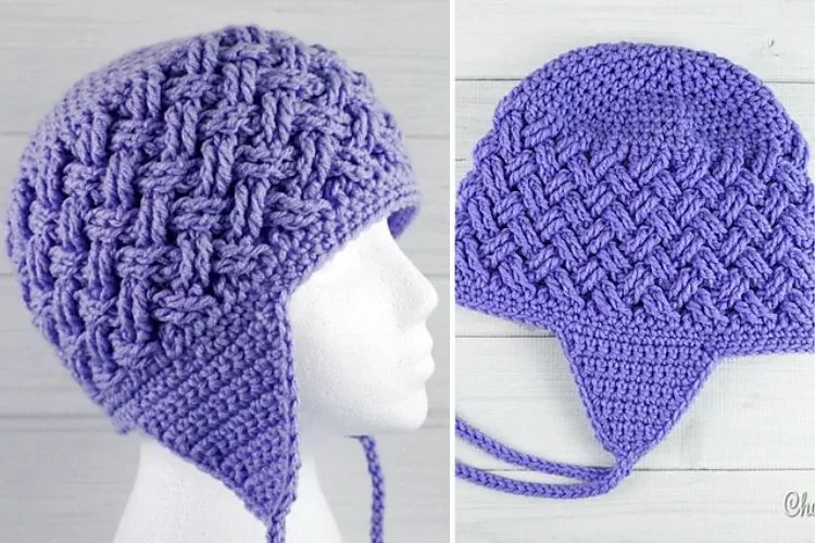 Two pictures of a purple crocheted hat.