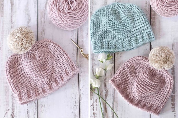 Two pictures of knitted hats with yarn and pom poms.