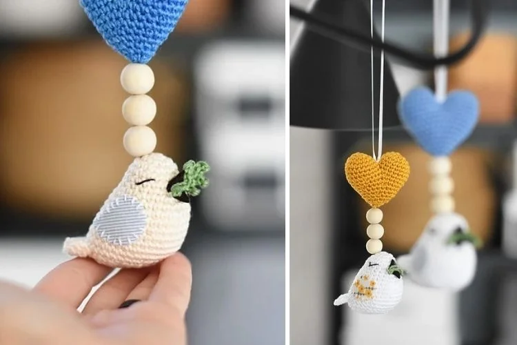 Two pictures of a crocheted bird hanging from a string.