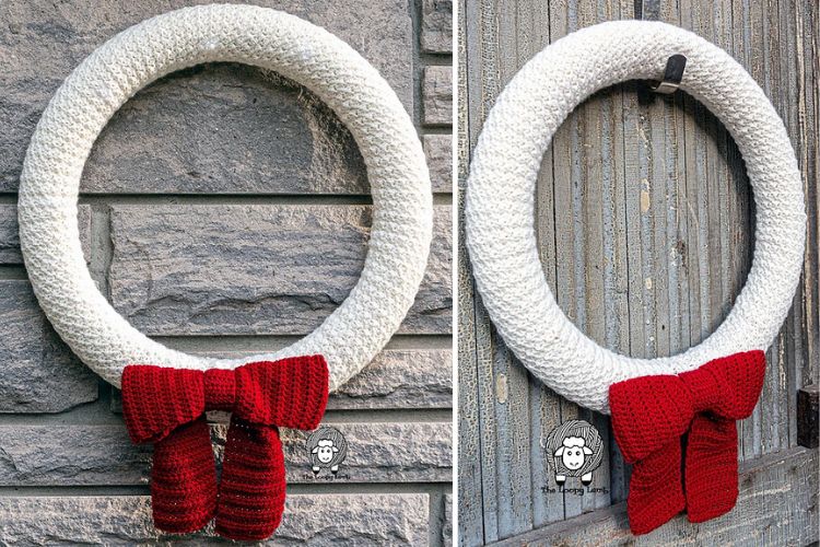 Two pictures of a crocheted wreath with a red bow.