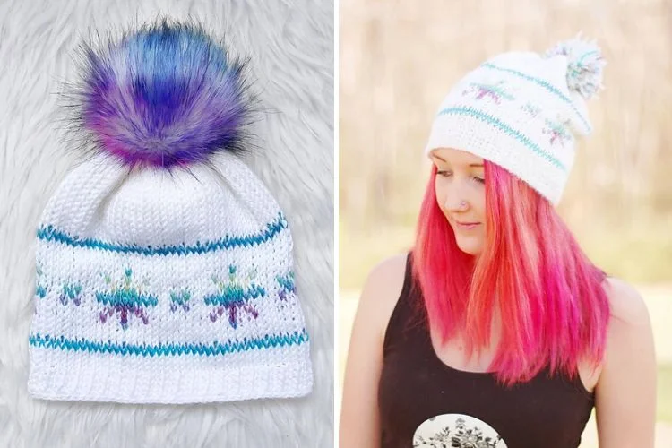 Two pictures of a woman with pink hair and a hat with a pom pom.