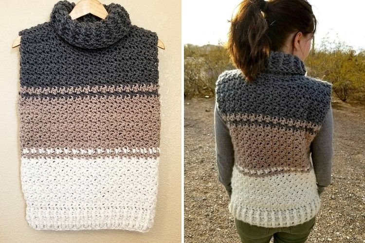 Two pictures of a woman wearing a crocheted vest.