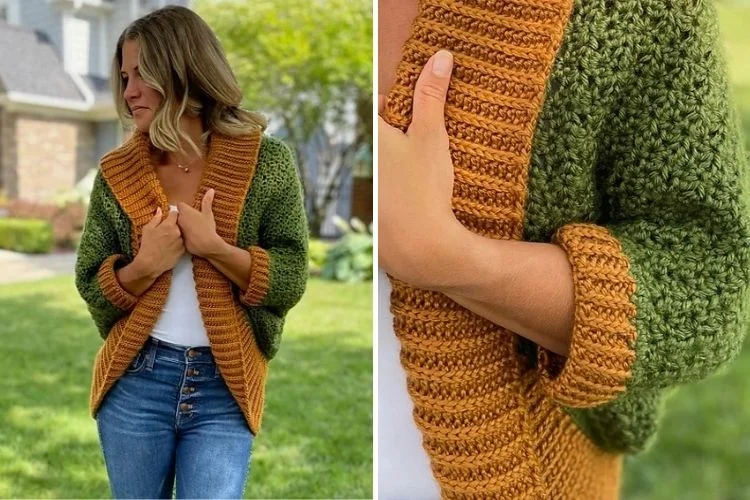 Two pictures of a woman wearing a green and yellow cardigan.