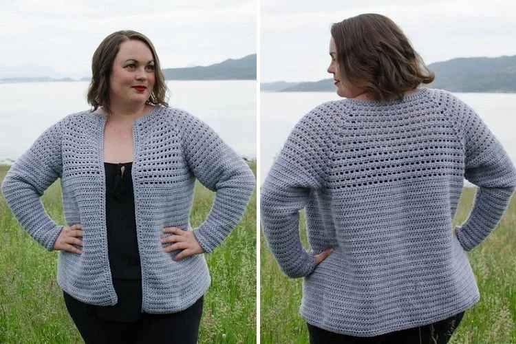 Two pictures of a woman wearing a grey cardigan.