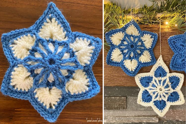 A blue and white crocheted snowflake hanging on a mantel.