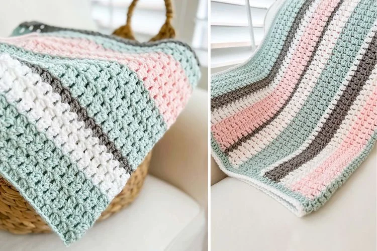 Two pictures of a crocheted afghan.