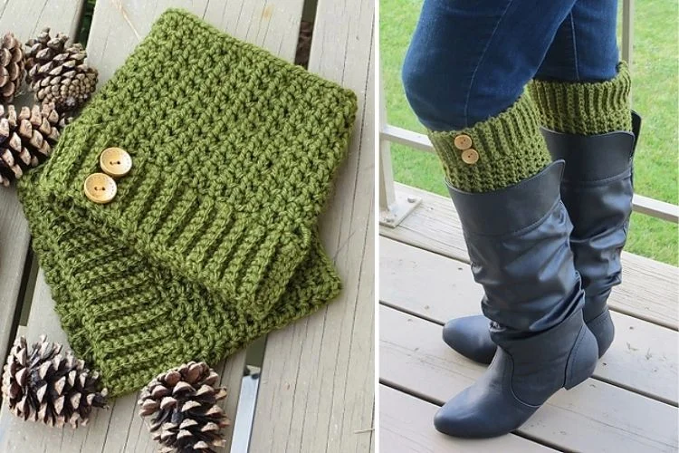 A pair of green knitted leg warmers and a pair of boots.