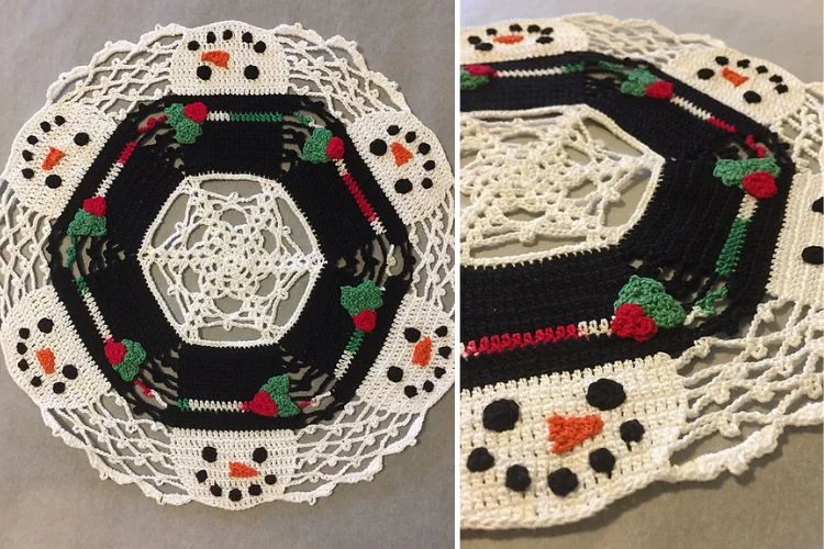 Two pictures of a crochet snowman doily.