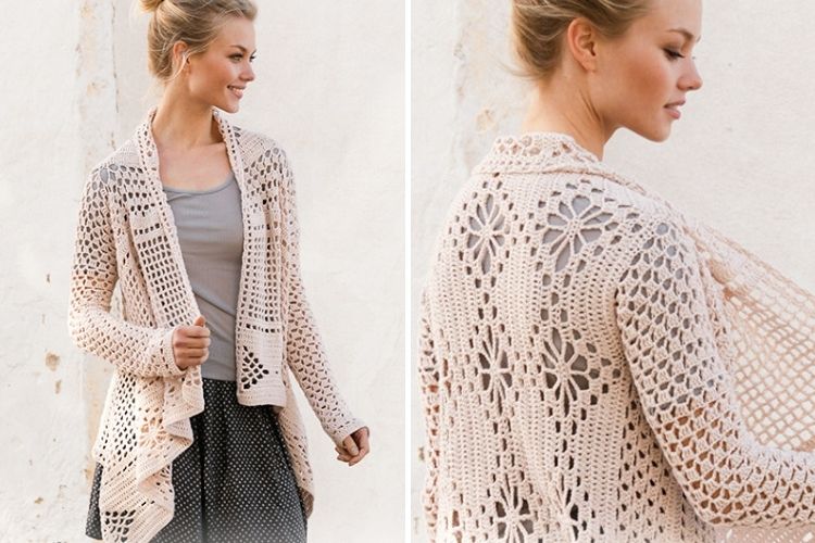 Two pictures of a woman wearing a crocheted cardigan.